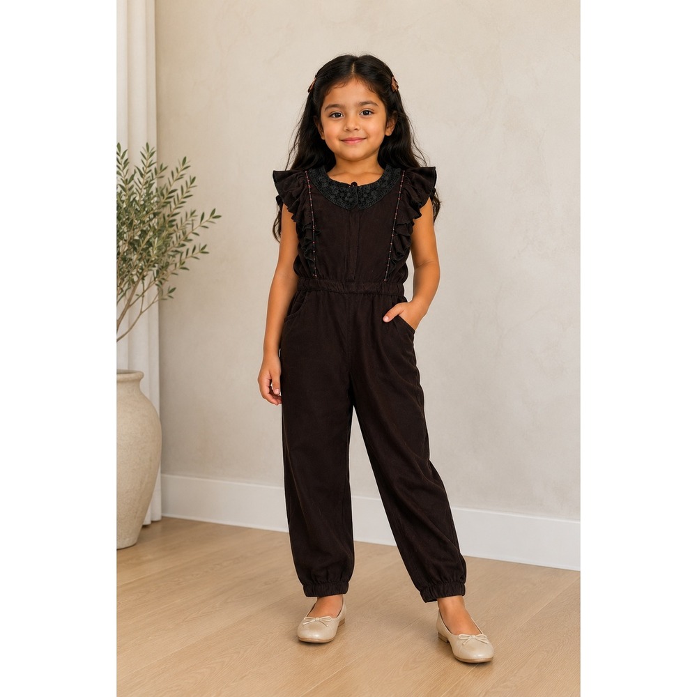 Girls Chocolate Brown Ruffle Crochet Lace Jumpsuit Sleeveless Elastic Waist